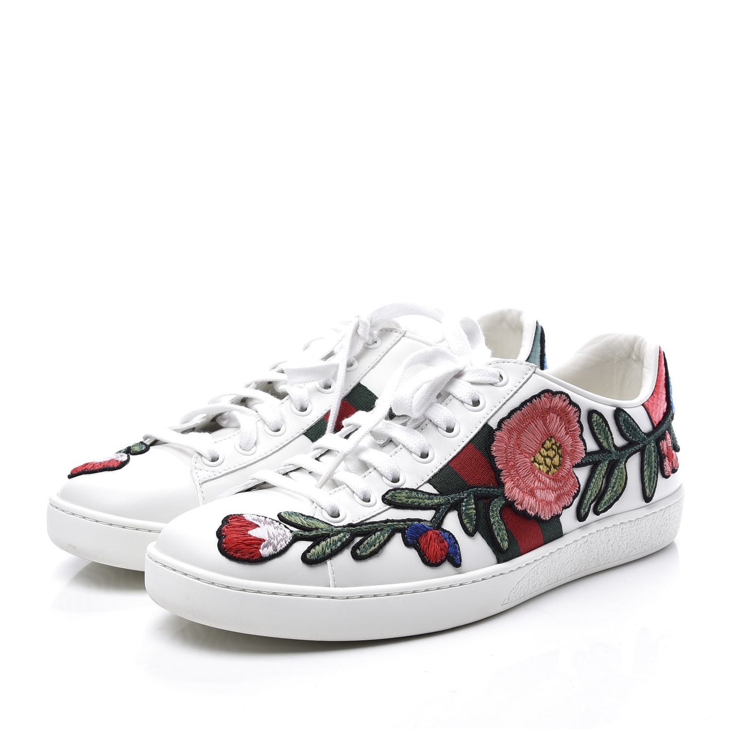 Calfskin Web Floral Embroidered Womens Ace Sneakers 39 White