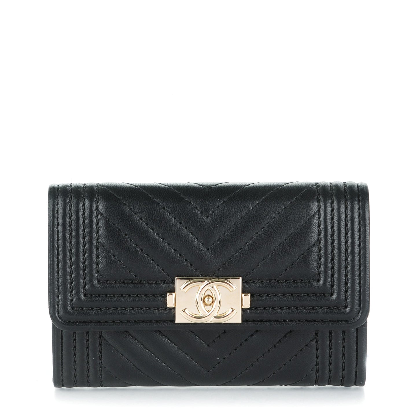 Lambskin Chevron Quilted Boy Card Holder Wallet Black