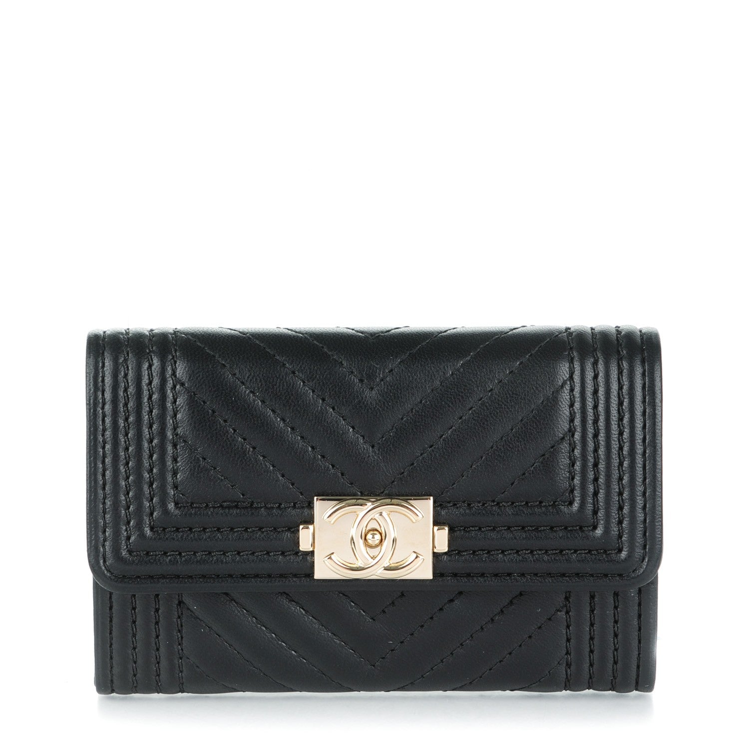 Chanel Lambskin Chevron Quilted Boy Card Holder Wallet Black 1 of 8