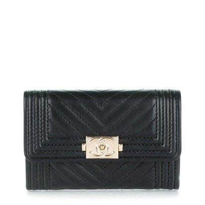Chanel Lambskin Chevron Quilted Boy Card Holder Wallet Black 1 of 8