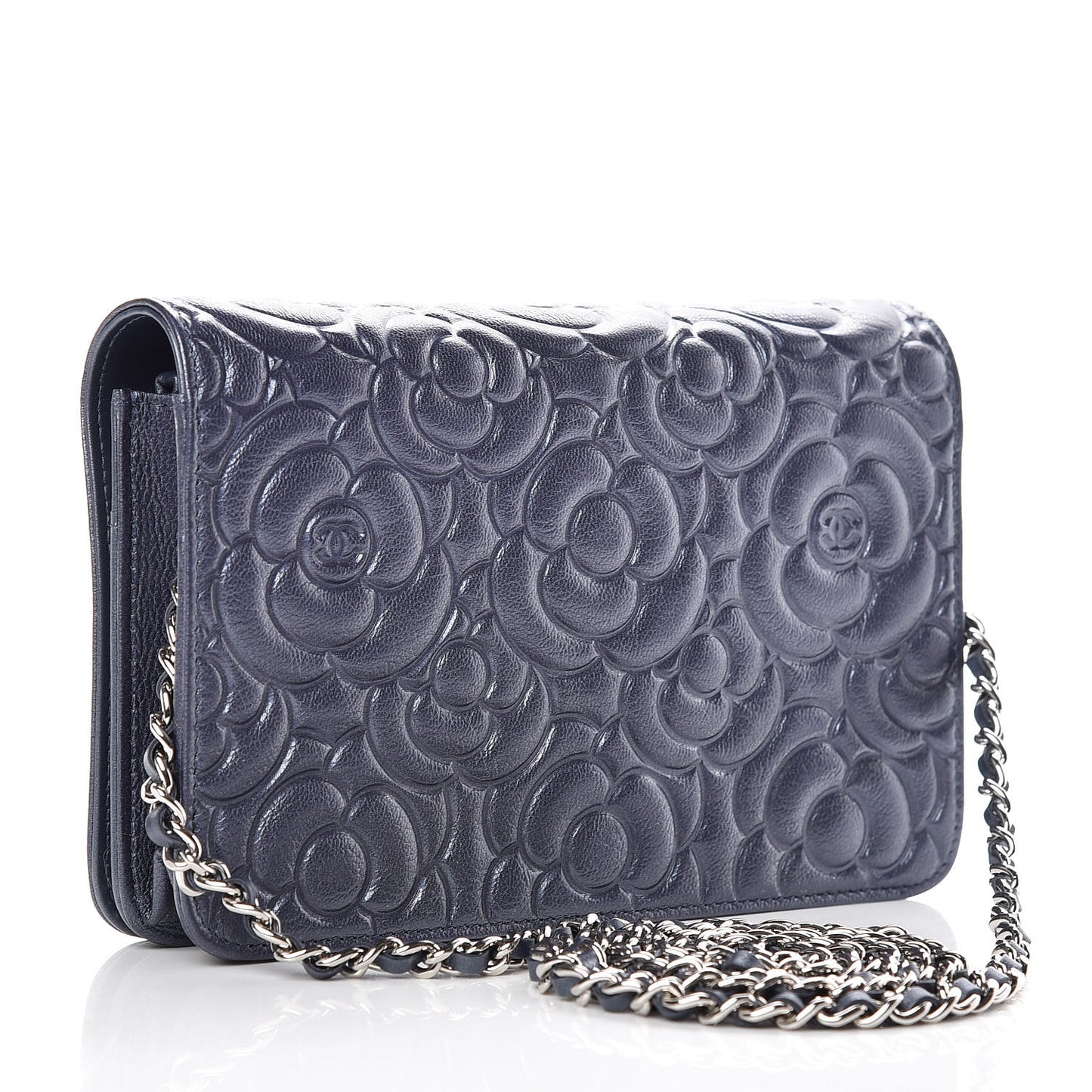 Goatskin Camellia Embossed Wallet On Chain WOC Dark Blue