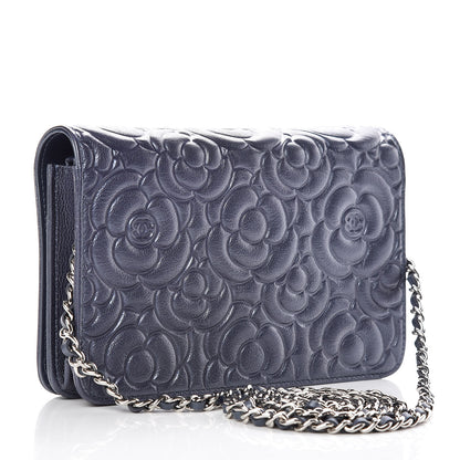 Chanel Goatskin Camellia Embossed Wallet On Chain WOC Dark Blue 3 of 10