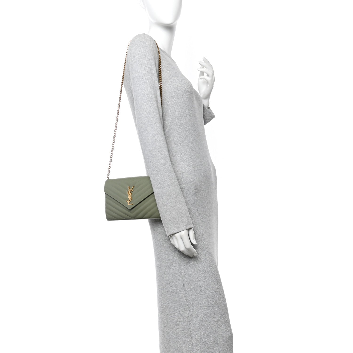 Saint Laurent Grain De Poudre Matelasse Chevron Monogram Chain Wallet Light Sage 2 of 9