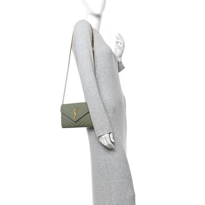 Saint Laurent Grain De Poudre Matelasse Chevron Monogram Chain Wallet Light Sage 2 of 9