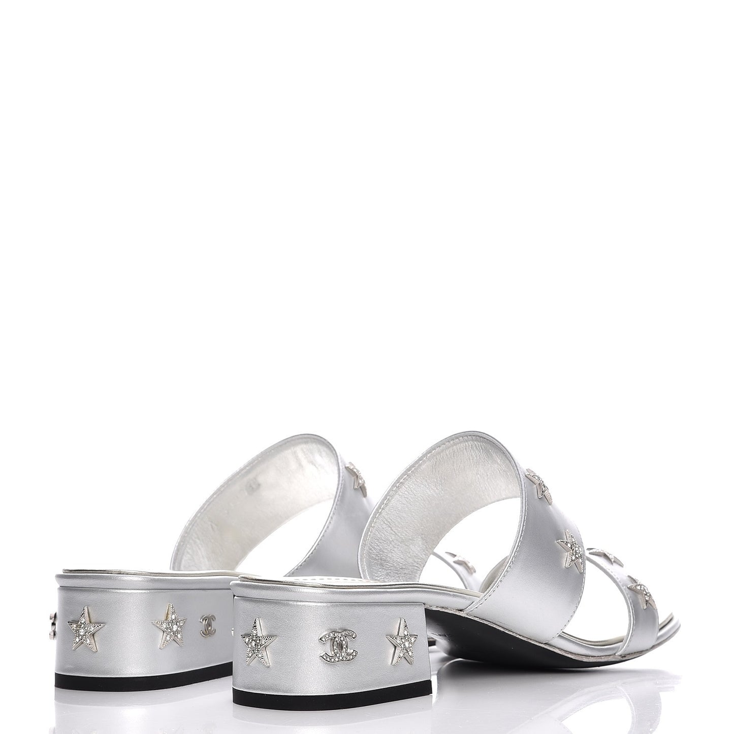 Iridescent Calfskin Crystal Stars Mules 39.5 Silver