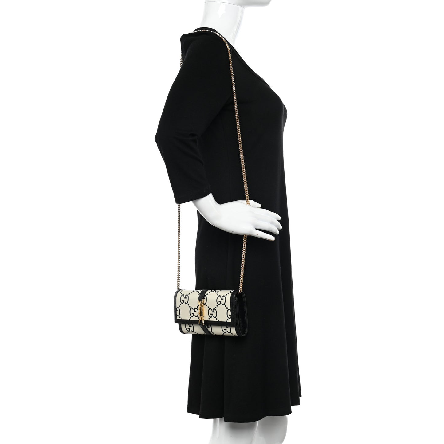 Azalea Calfskin GG Monogram Bi-Color Debossed Jackie 1961 Chain Wallet Mystic White Black