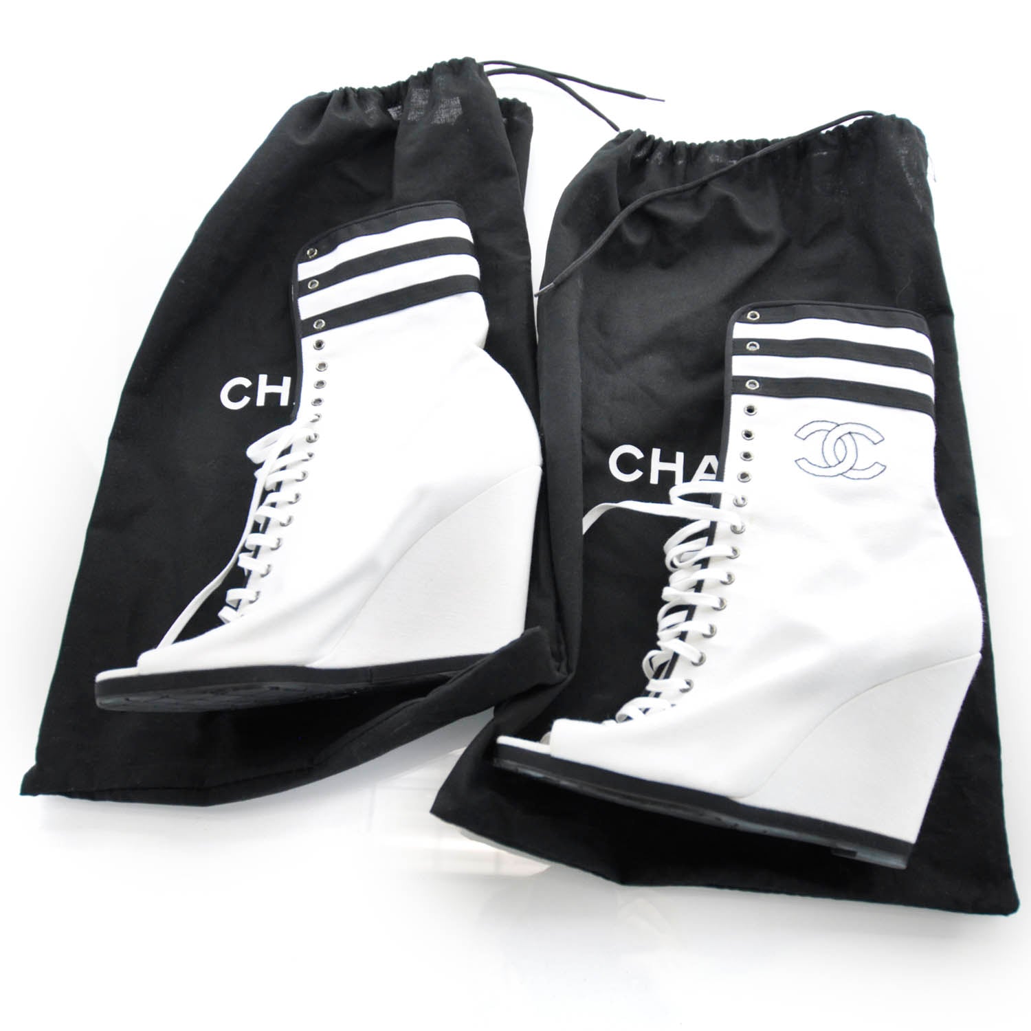 Chanel Leather Wedge Peep Toe Booties 40 Black and White 6 of 6