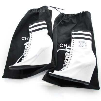 Chanel Leather Wedge Peep Toe Booties 40 Black and White 6 of 6