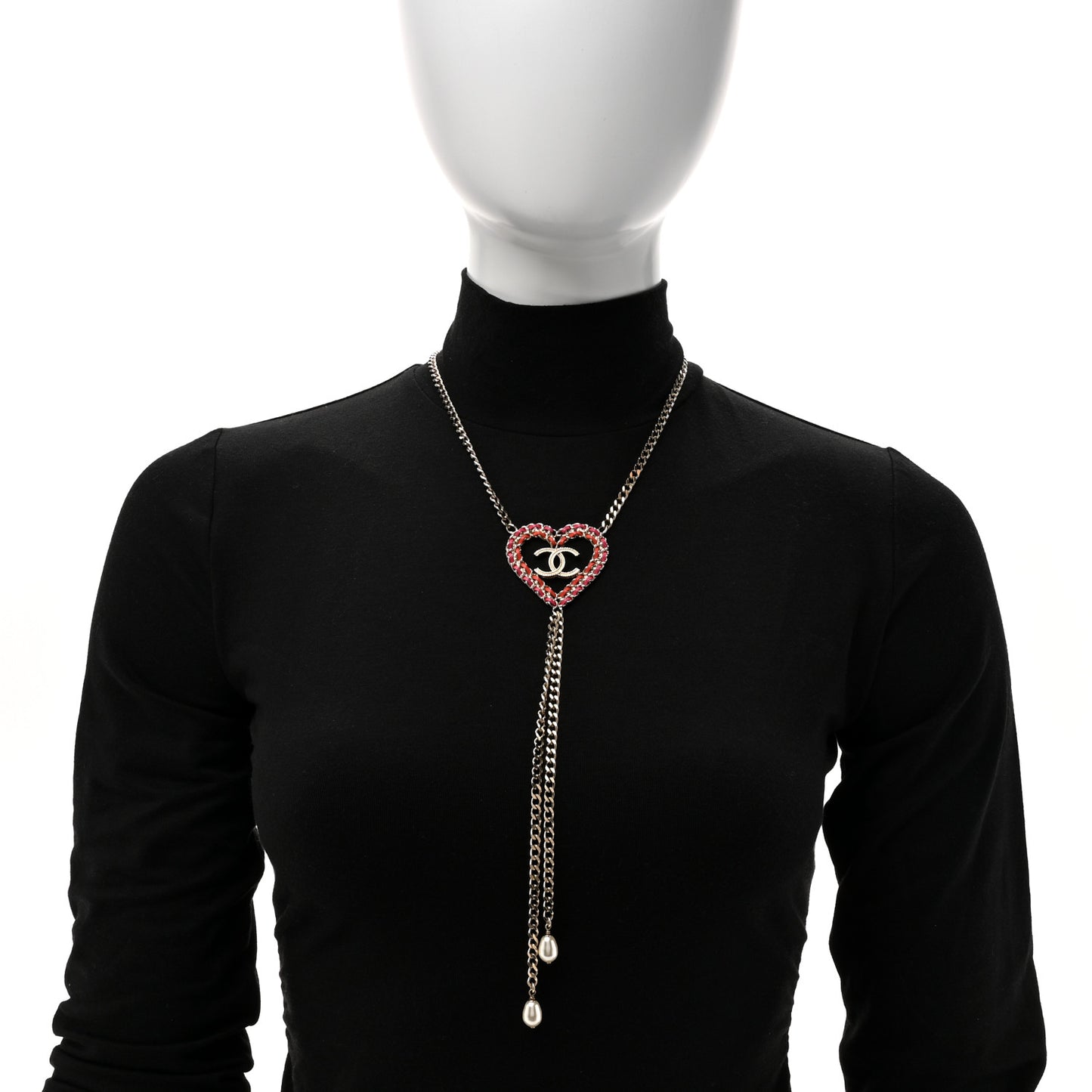 Lambskin Chain Pearl CC Heart Necklace Gold Red Pink Pearly White