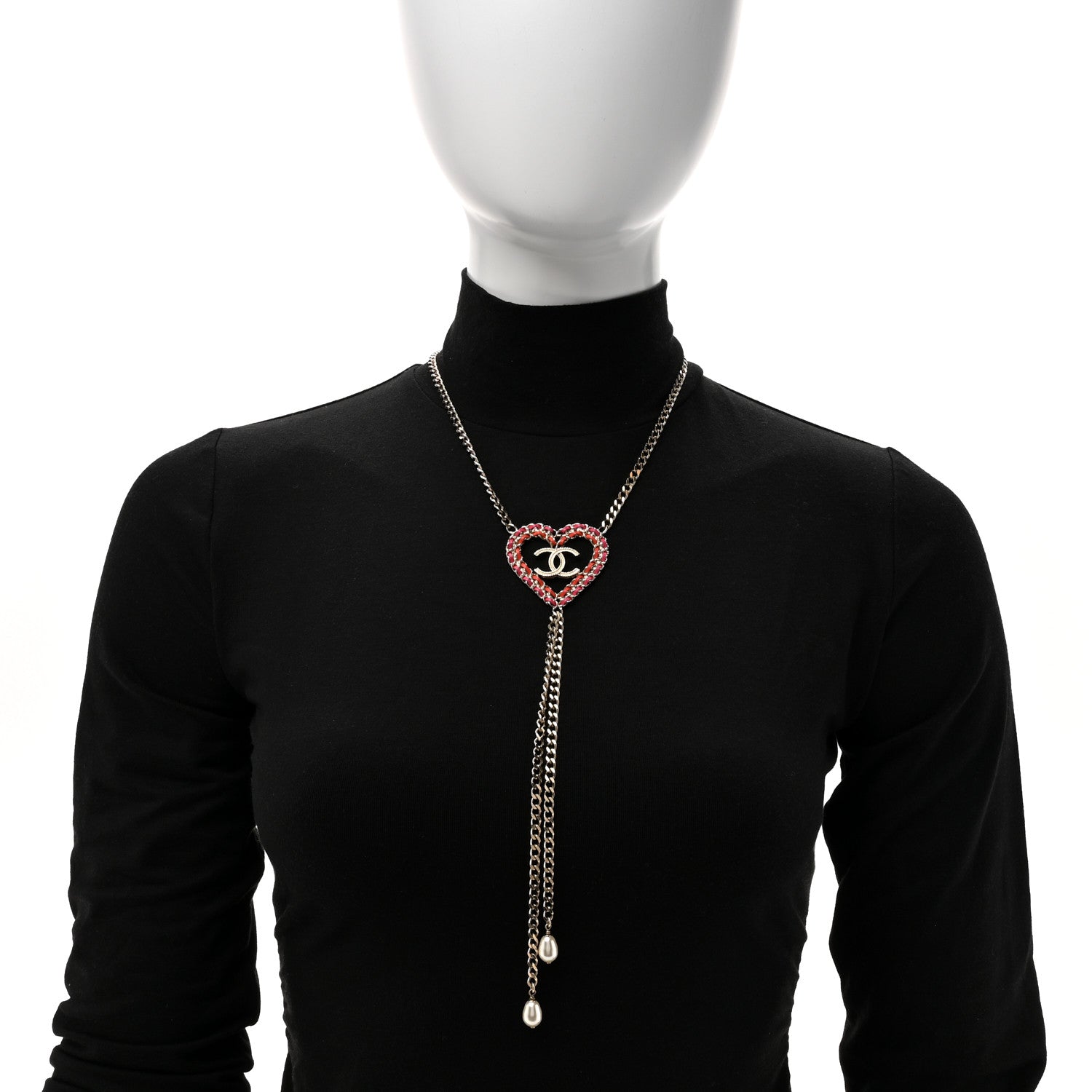 Chanel Lambskin Chain Pearl CC Heart Necklace Gold Red Pink Pearly White 2 of 5