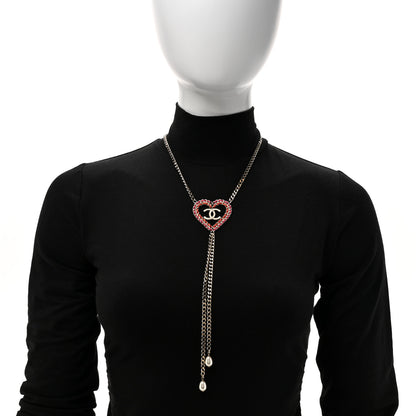 Chanel Lambskin Chain Pearl CC Heart Necklace Gold Red Pink Pearly White 2 of 5