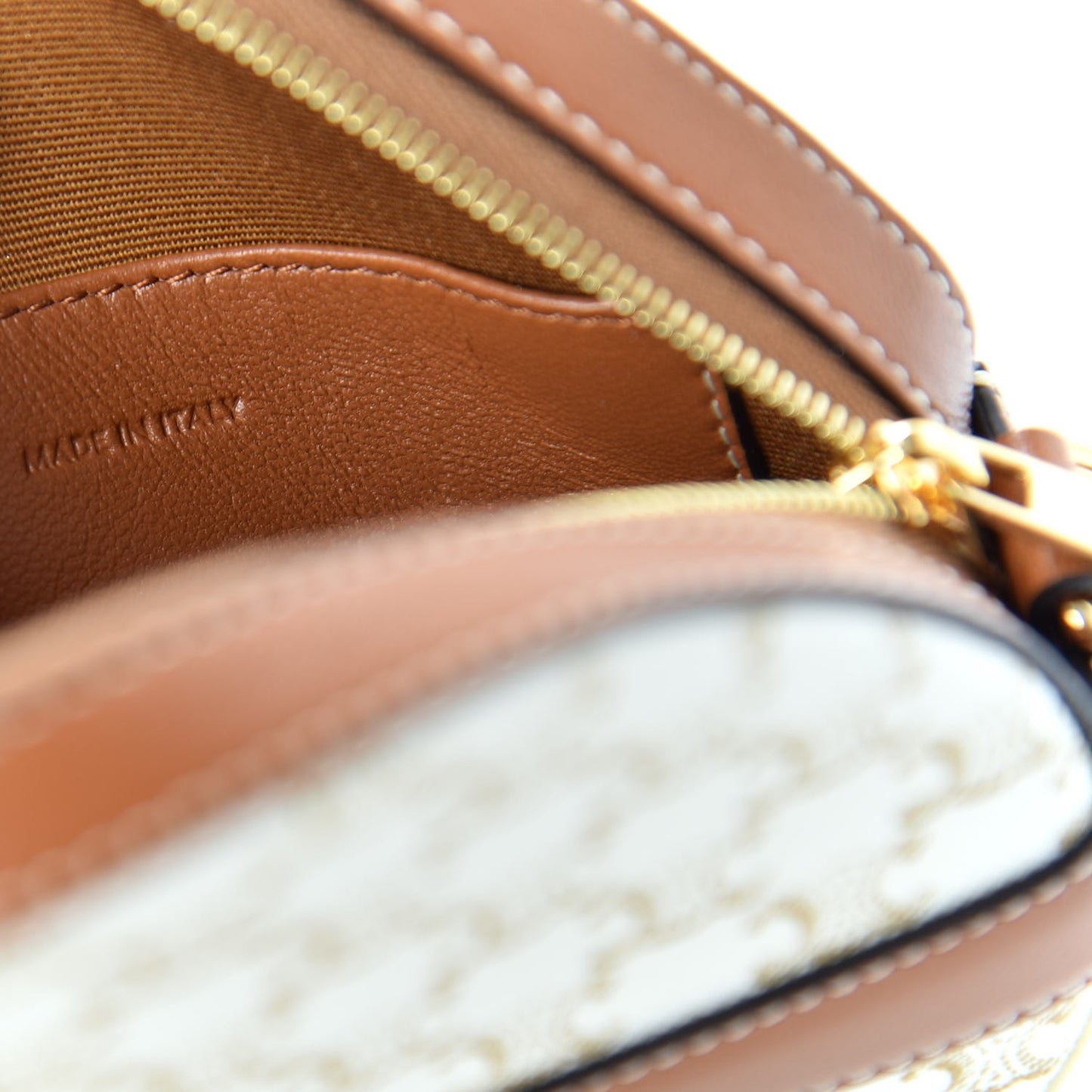 Lambskin Triomphe Canvas Round Purse On Strap White Tan
