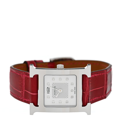 Hermes Stainless Steel Alligator Diamond Mother of Pearl 21mm Heure H Hour Quartz Watch Framboise 2 of 5