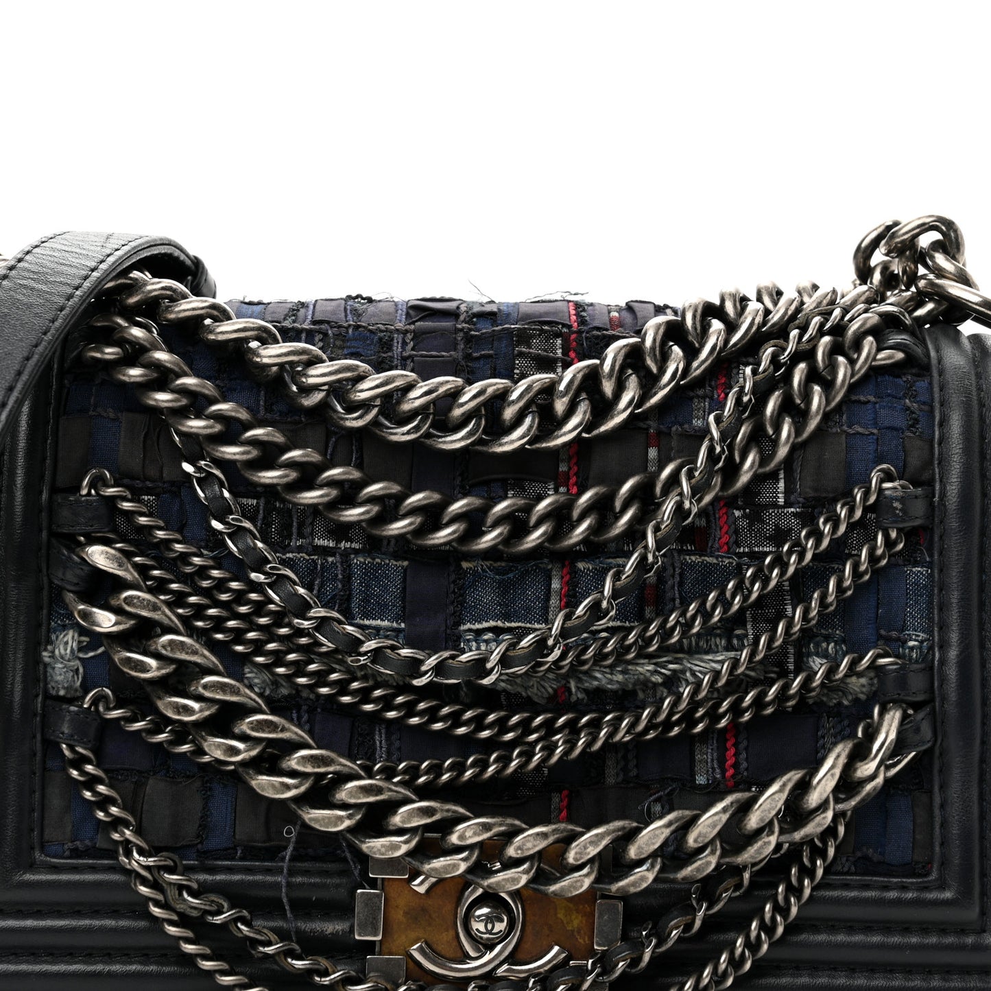 Lambskin Denim Tweed Medium Enchained Boy Flap Navy Blue