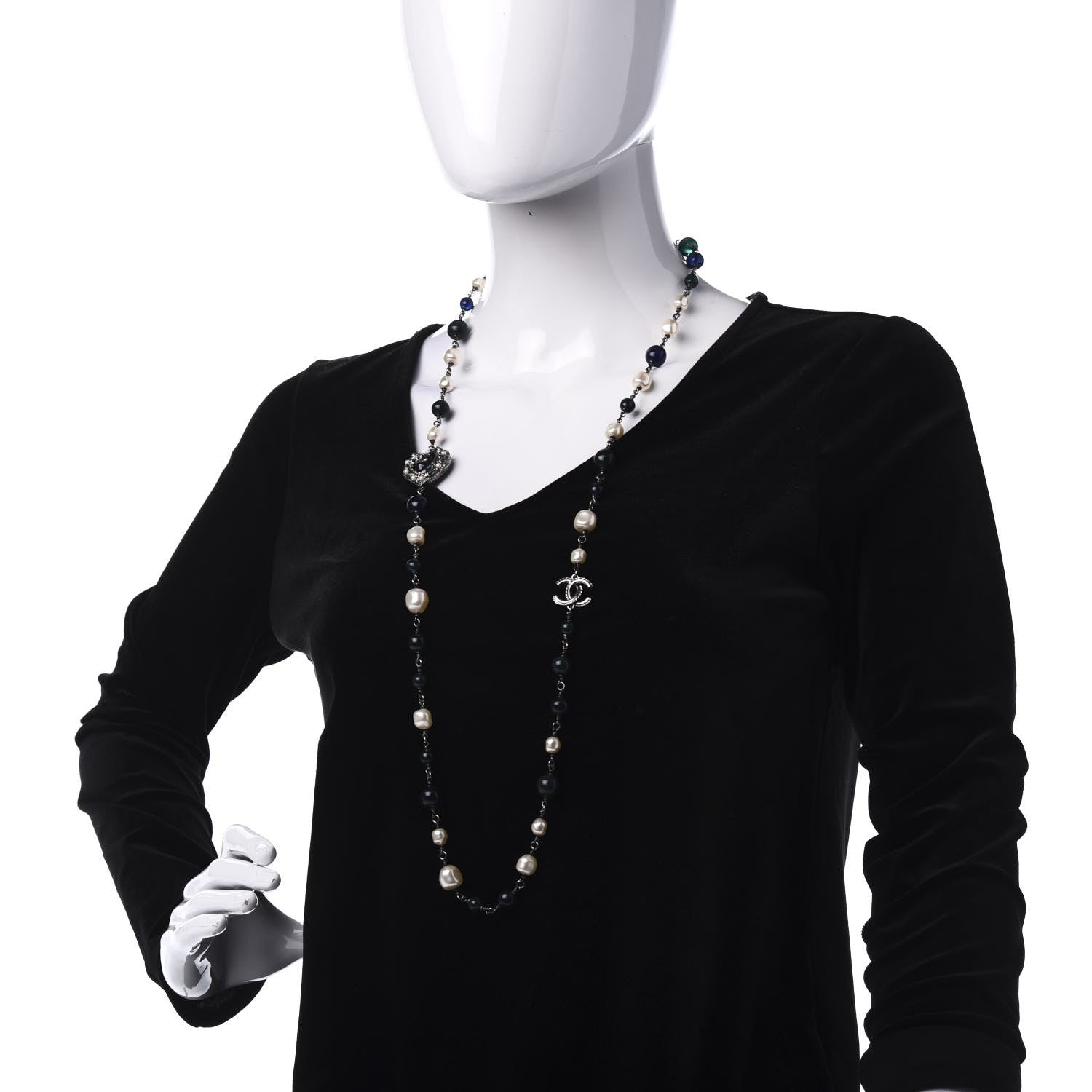 Chanel Pearl Resin Beaded CC Heart Long Necklace Ruthenium Multicolor 2 of 8