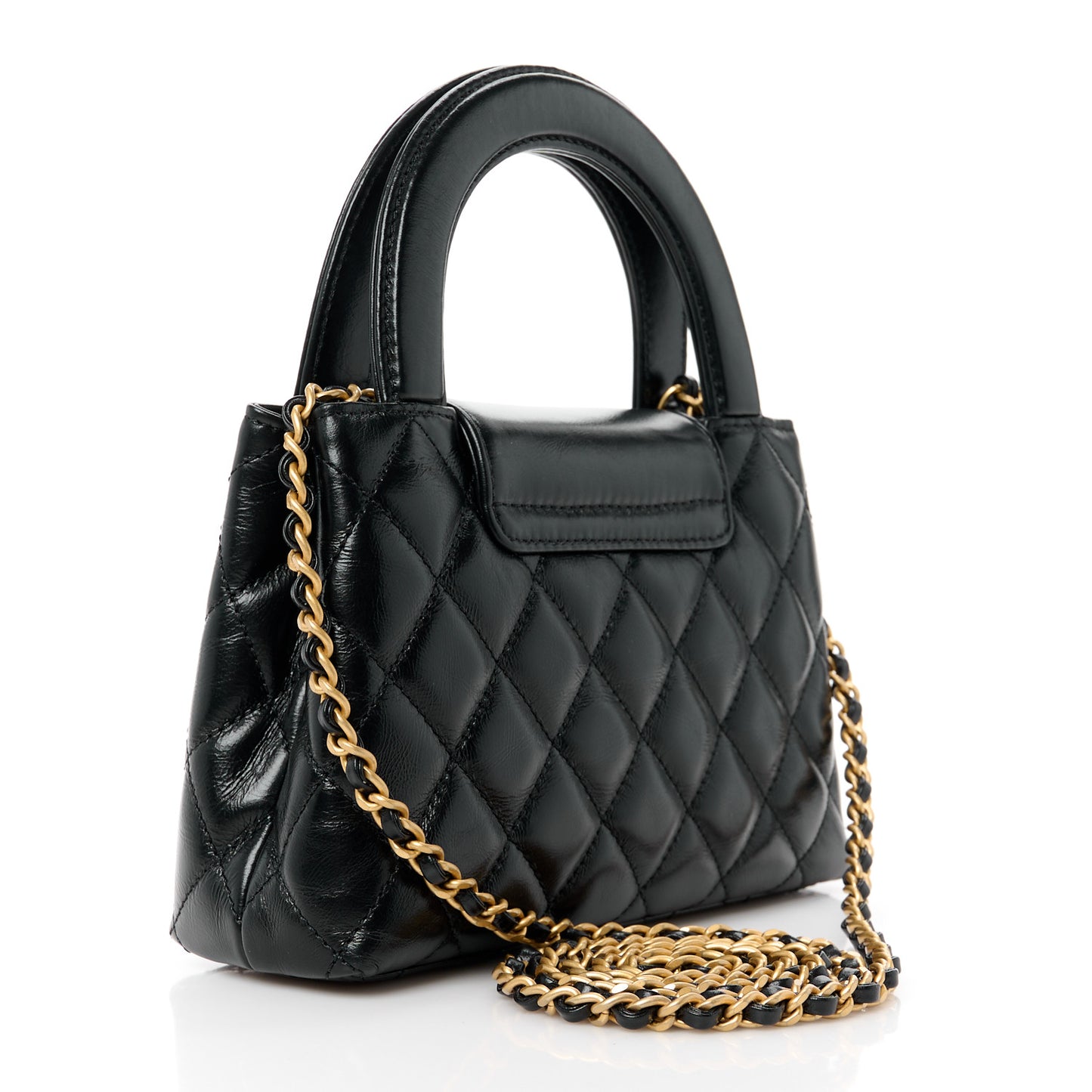 Shiny Aged Calfskin Quilted Nano Kelly Shopper Black