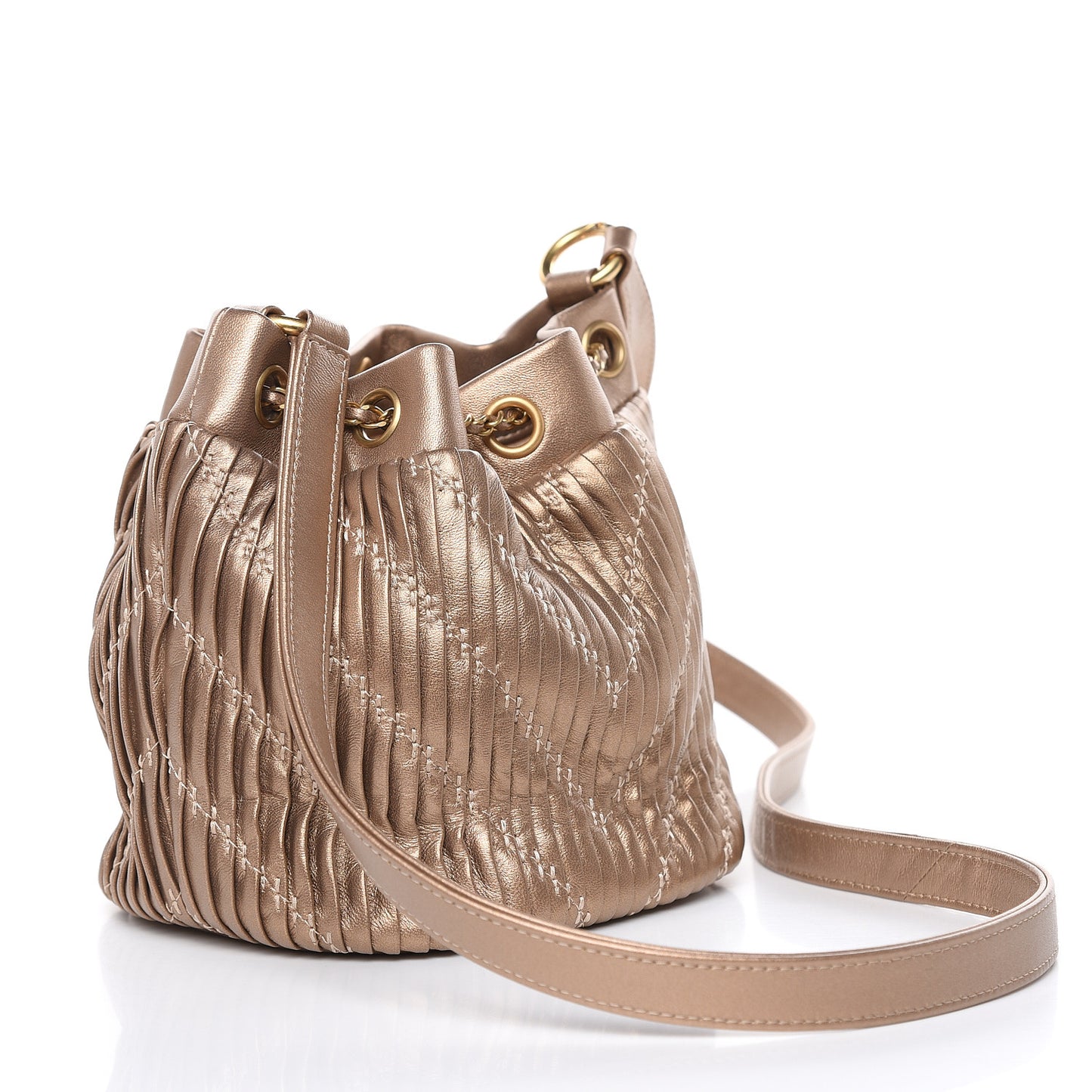 Metallic Lambskin Coco Pleats Small Drawstring Bag Gold