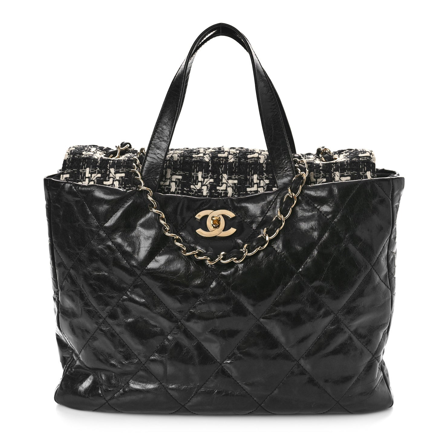Glazed Calfskin Quilted Tweed Portobello Tote Black White