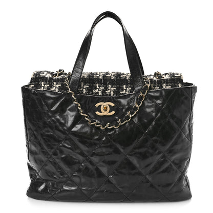 Chanel Glazed Calfskin Quilted Tweed Portobello Tote Black White 1 of 9