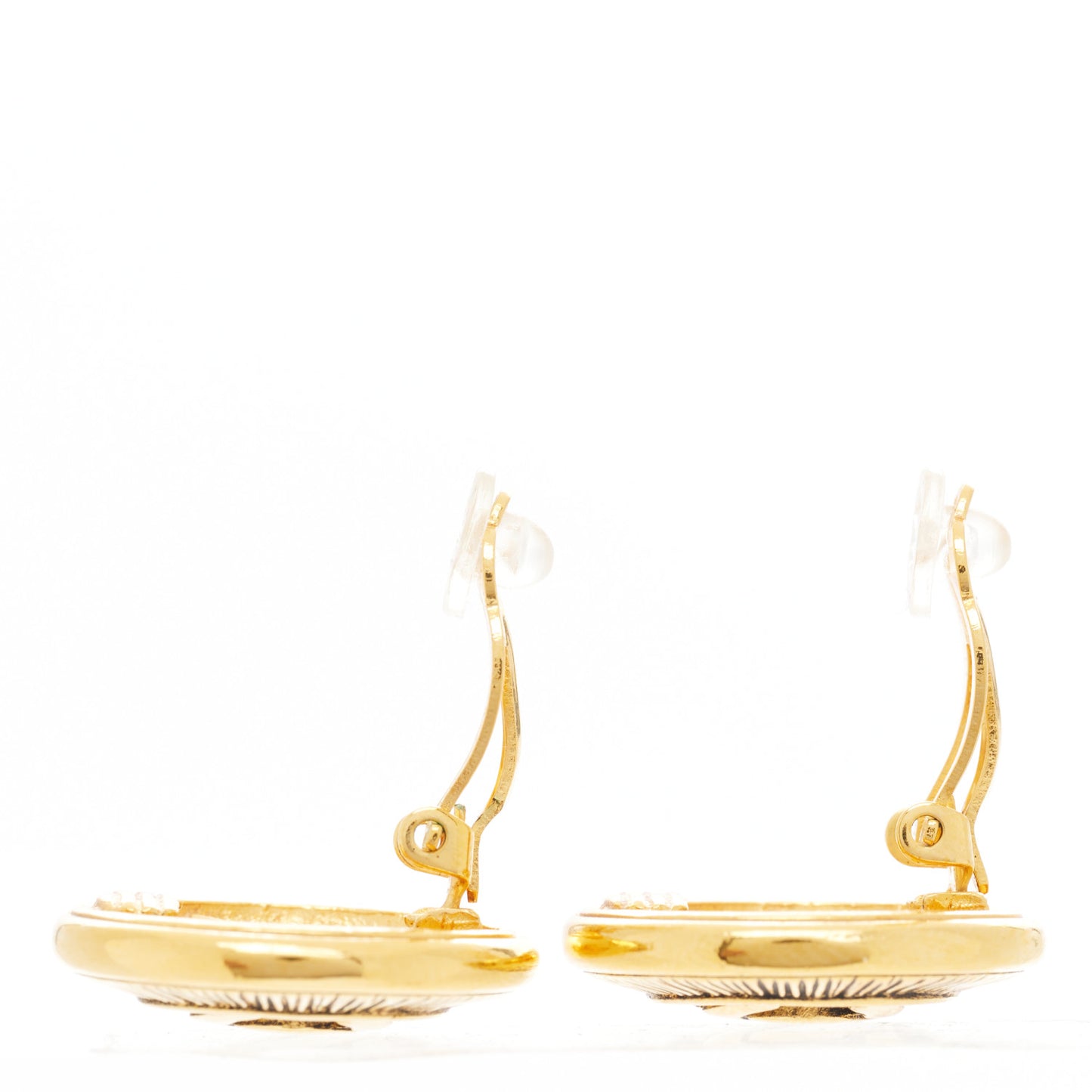 Metal Textured CC Medallion Clip On Earrings Gold