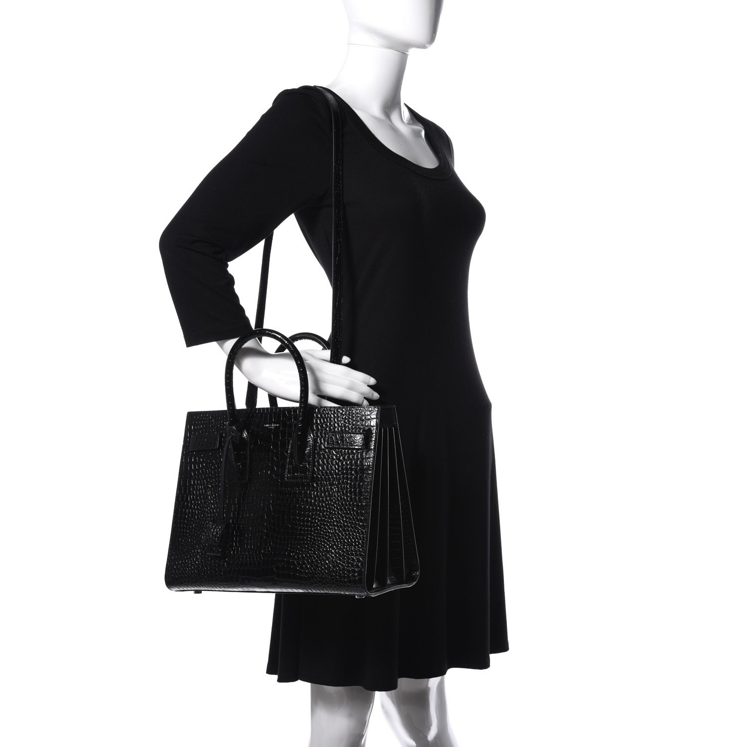 Saint Laurent Calfskin Crocodile Embossed Small Sac de Jour Black 2 of 9