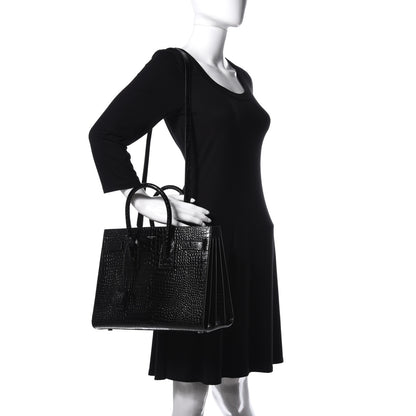 Saint Laurent Calfskin Crocodile Embossed Small Sac de Jour Black 2 of 9