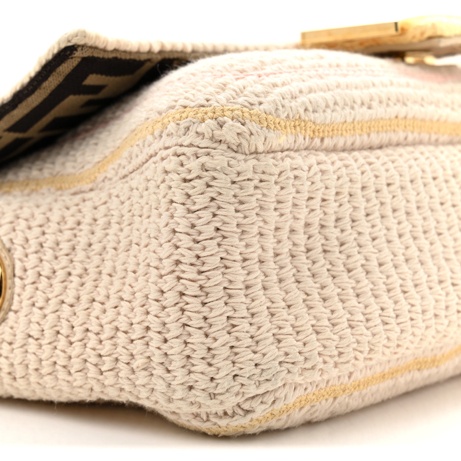 Fendi Cotton Vitello Seta Floral Woven Chain Baguette White Multicolor 9 of 11