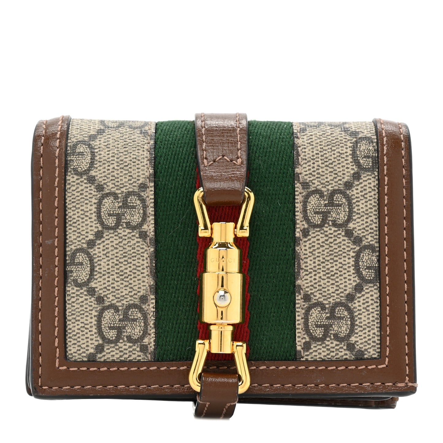 GG Supreme Monogram Textured Calfskin Web Jackie 1961 Card Case Beige Ebony Brown Sugar