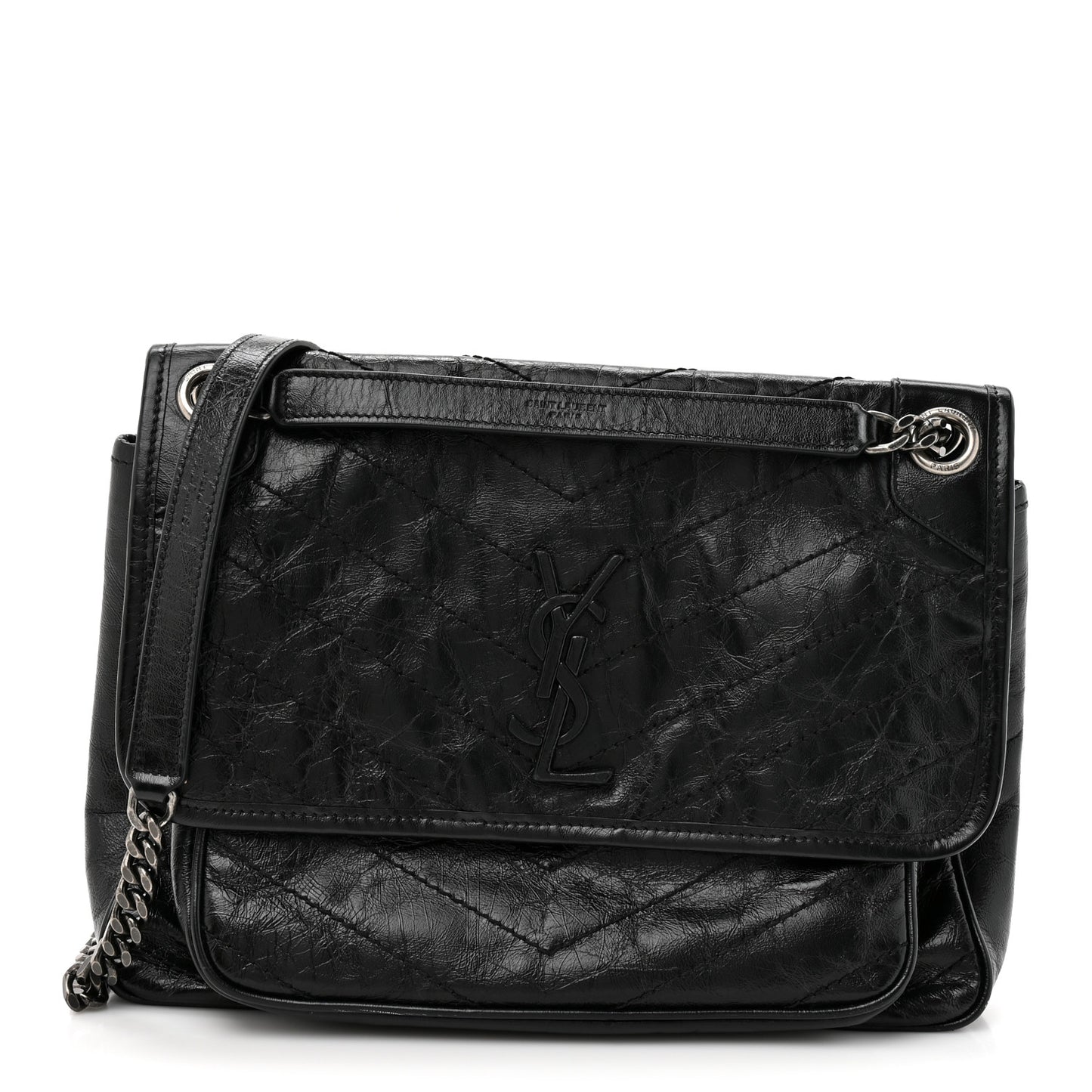 Crinkled Calfskin Matelasse Monogram Medium Niki Chain Satchel Black