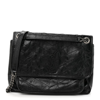 Saint Laurent Crinkled Calfskin Matelasse Monogram Medium Niki Chain Satchel Black 1 of 13