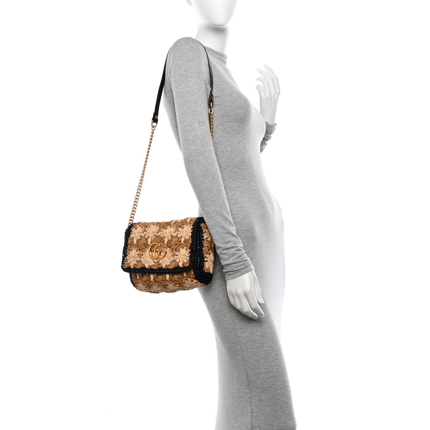 Raffia Azalea Calfskin Crochet Flower Small GG Marmont Shoulder Bag Natural Ecru Black