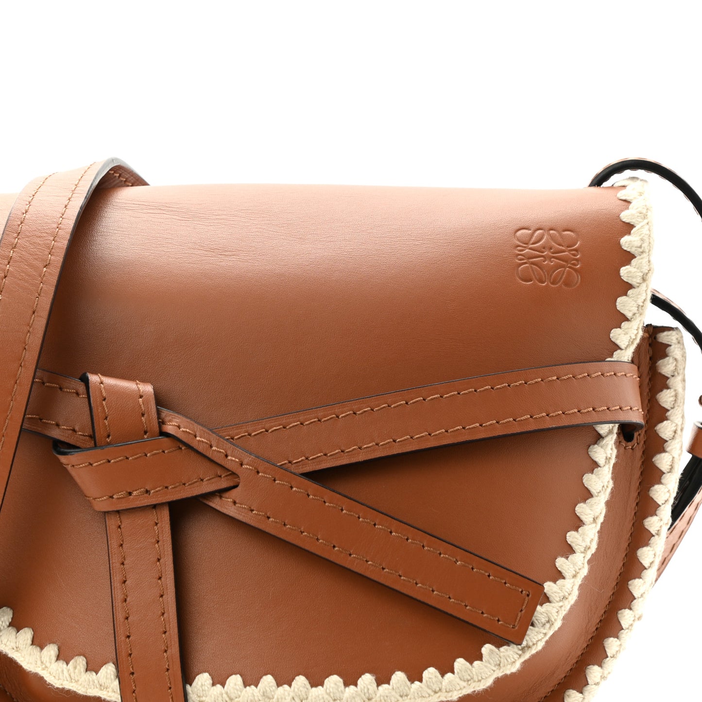 Calfskin Crochet Trim Small Gate Crossbody Bag Tan