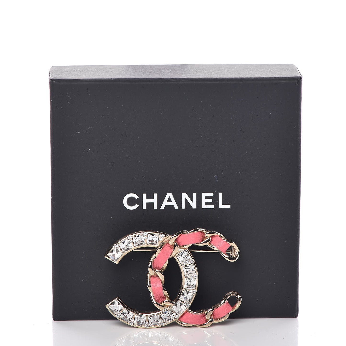 Lambskin Baguette Crystal CC Chain Brooch Pink Gold