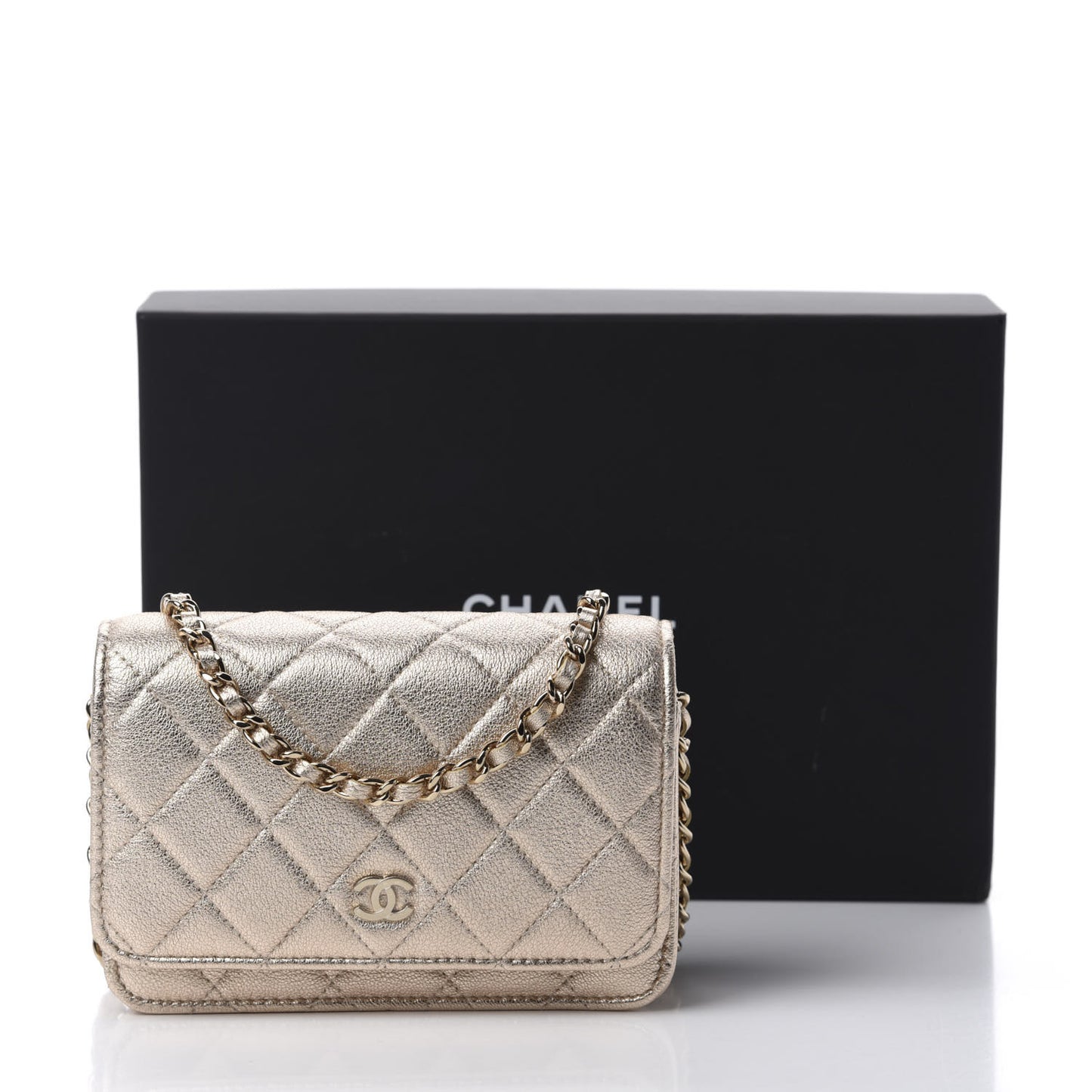 Metallic Lambskin Quilted Mini Wallet On Chain WOC Gold