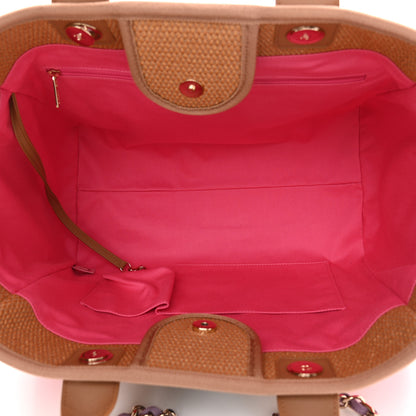 Chanel Straw Raffia Calfskin Striped Large Deauville Tote Dark Beige Fuchsia Navy Blue 5 of 10