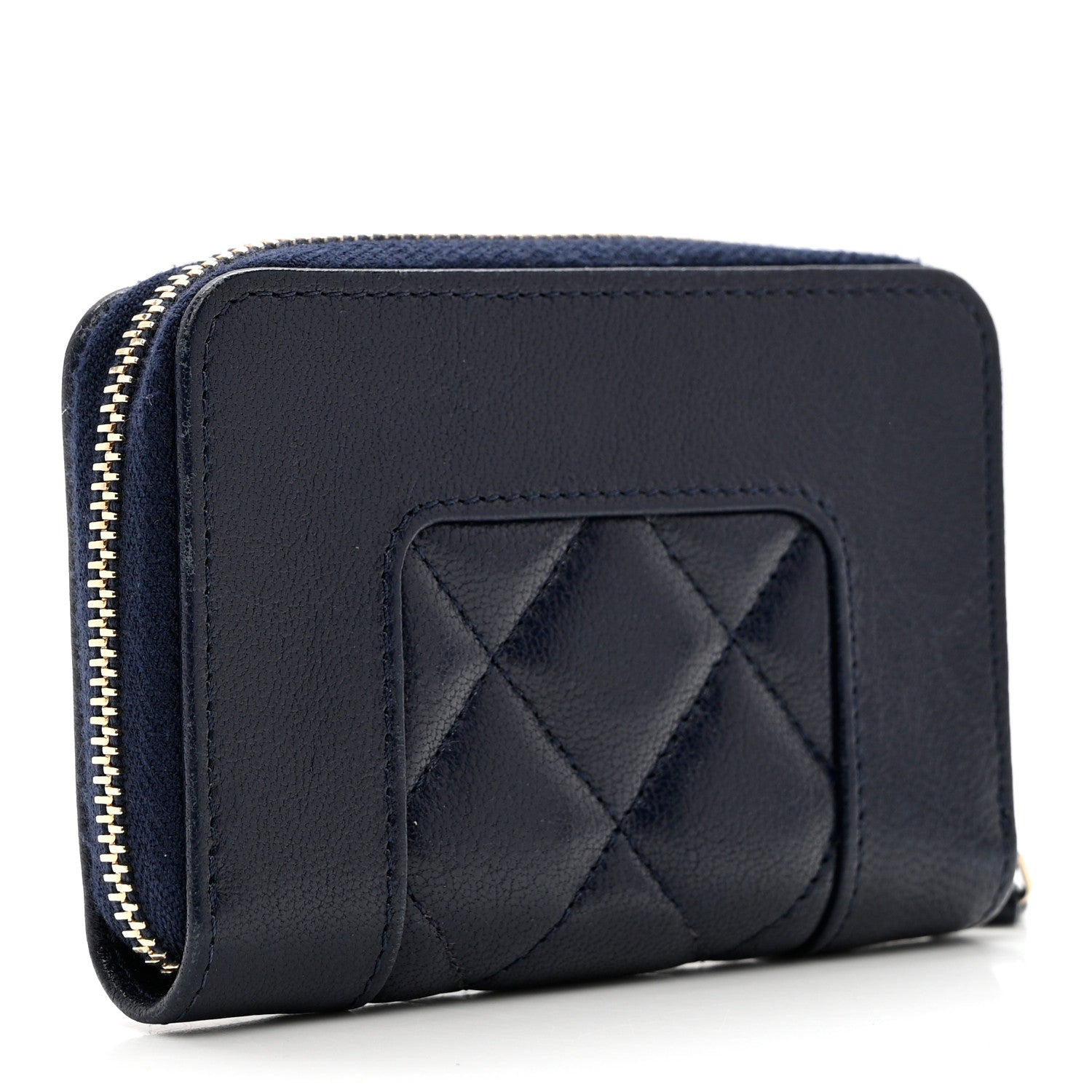 Chanel Sheepskin Quilted Vintage Mademoiselle Zip Coin Purse Navy Blue 3 of 8