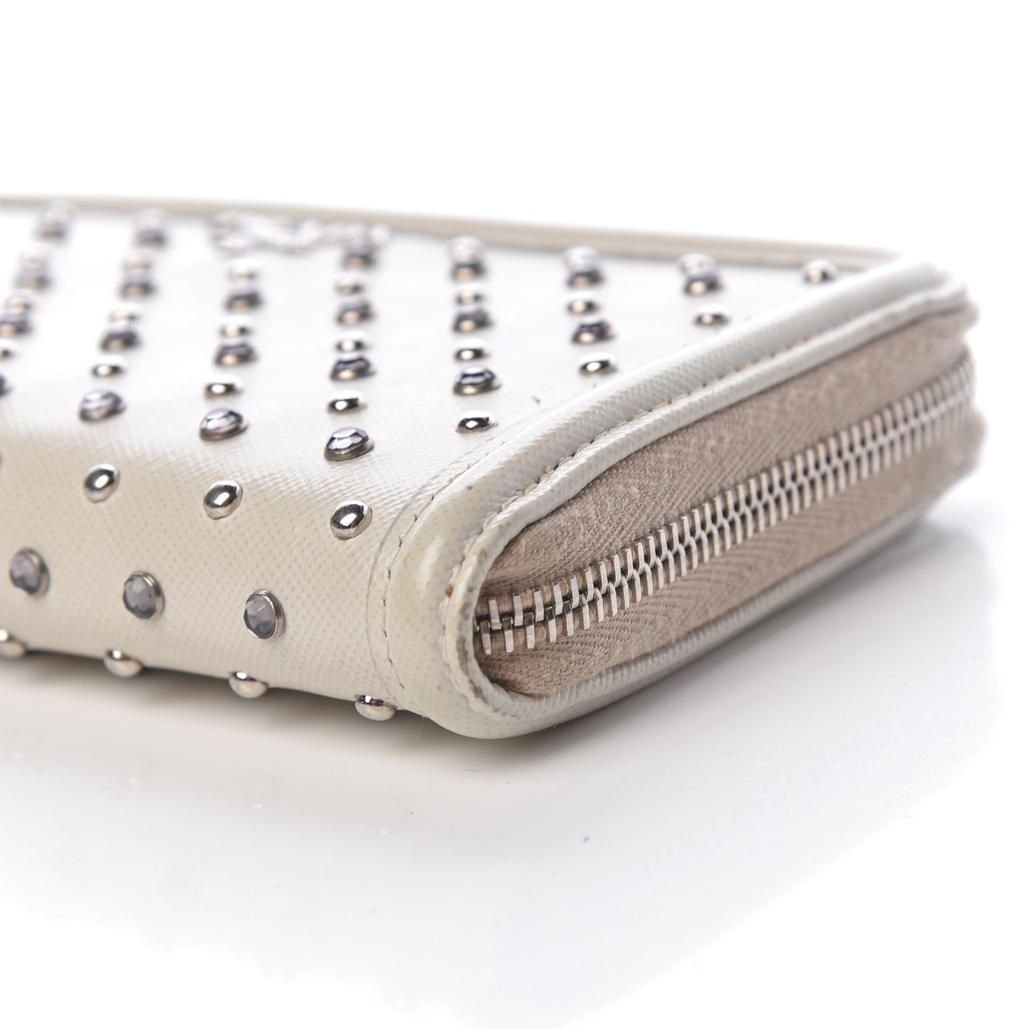 Saffiano Vernice Crystal Studded Zip Around Wallet White