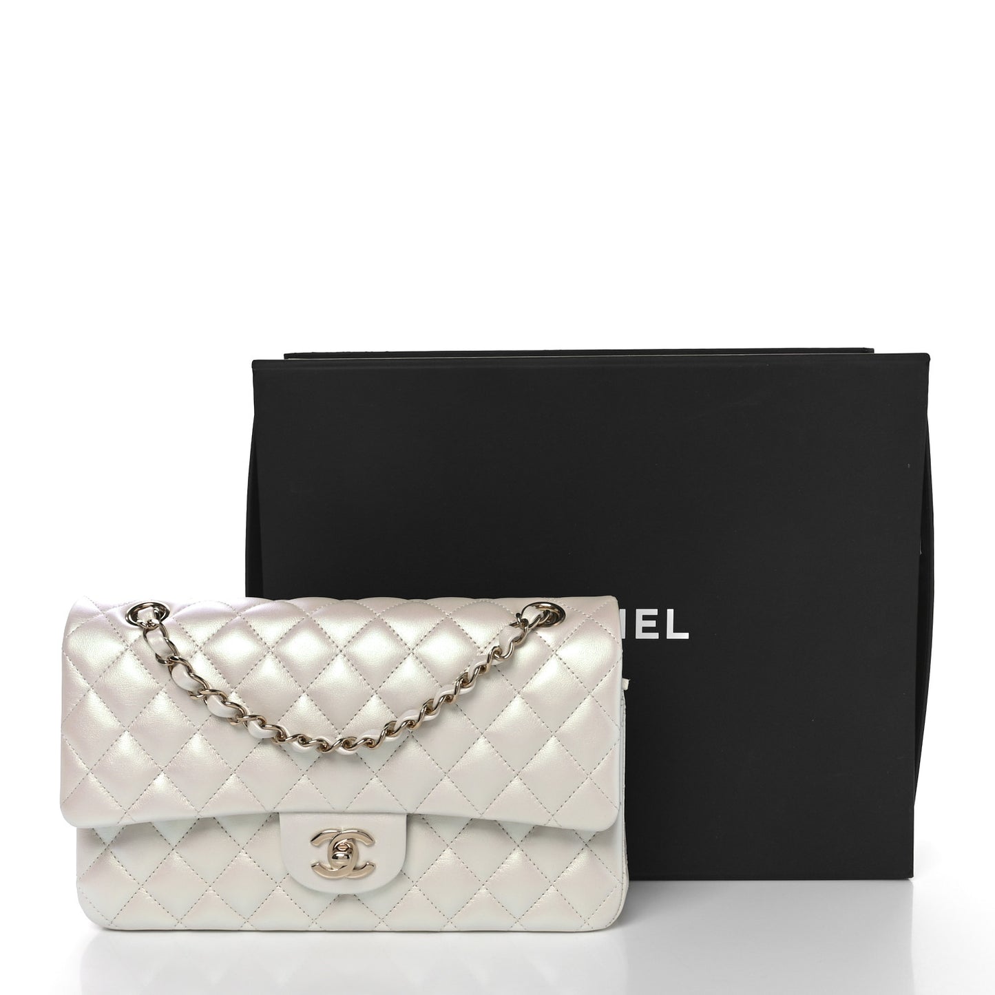 Iridescent Calfskin Quilted Medium Double Flap White