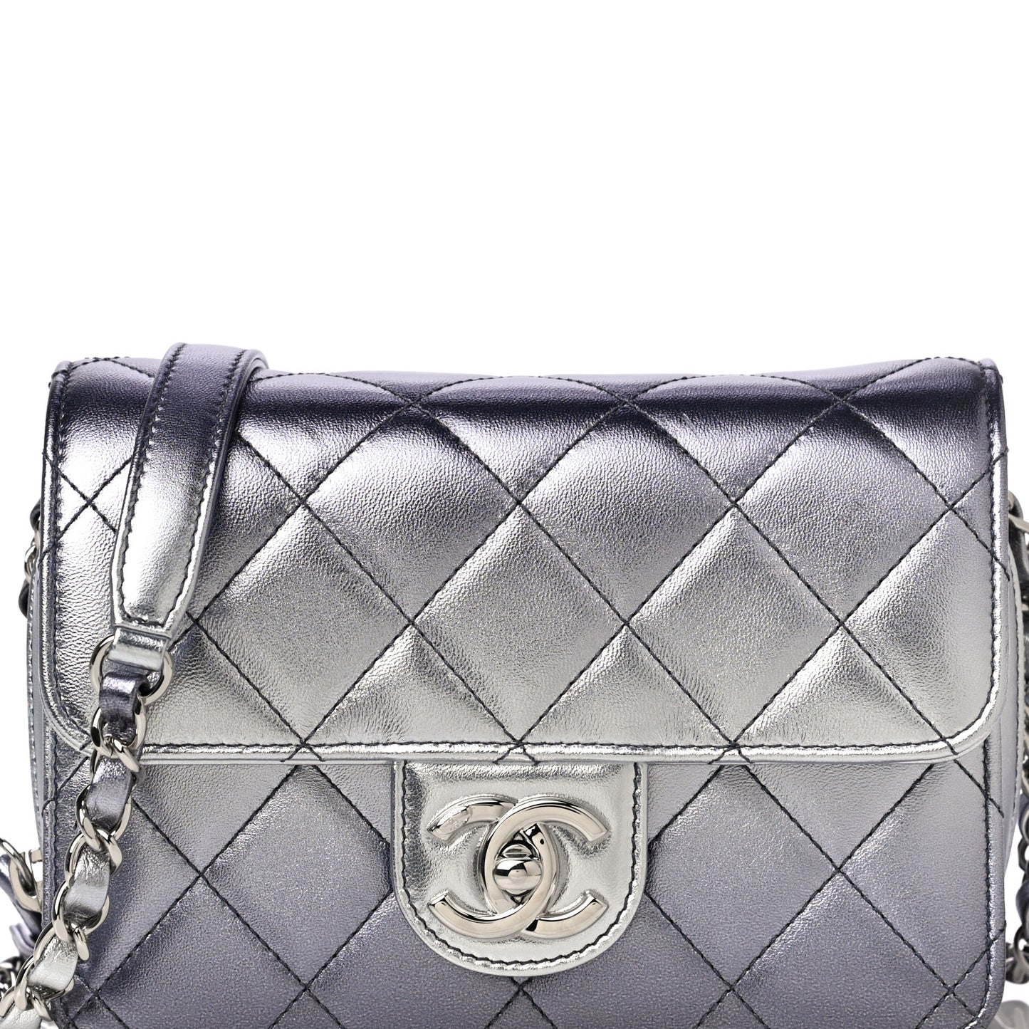 Metallic Lambskin Like A Wallet Flap Silvery Black
