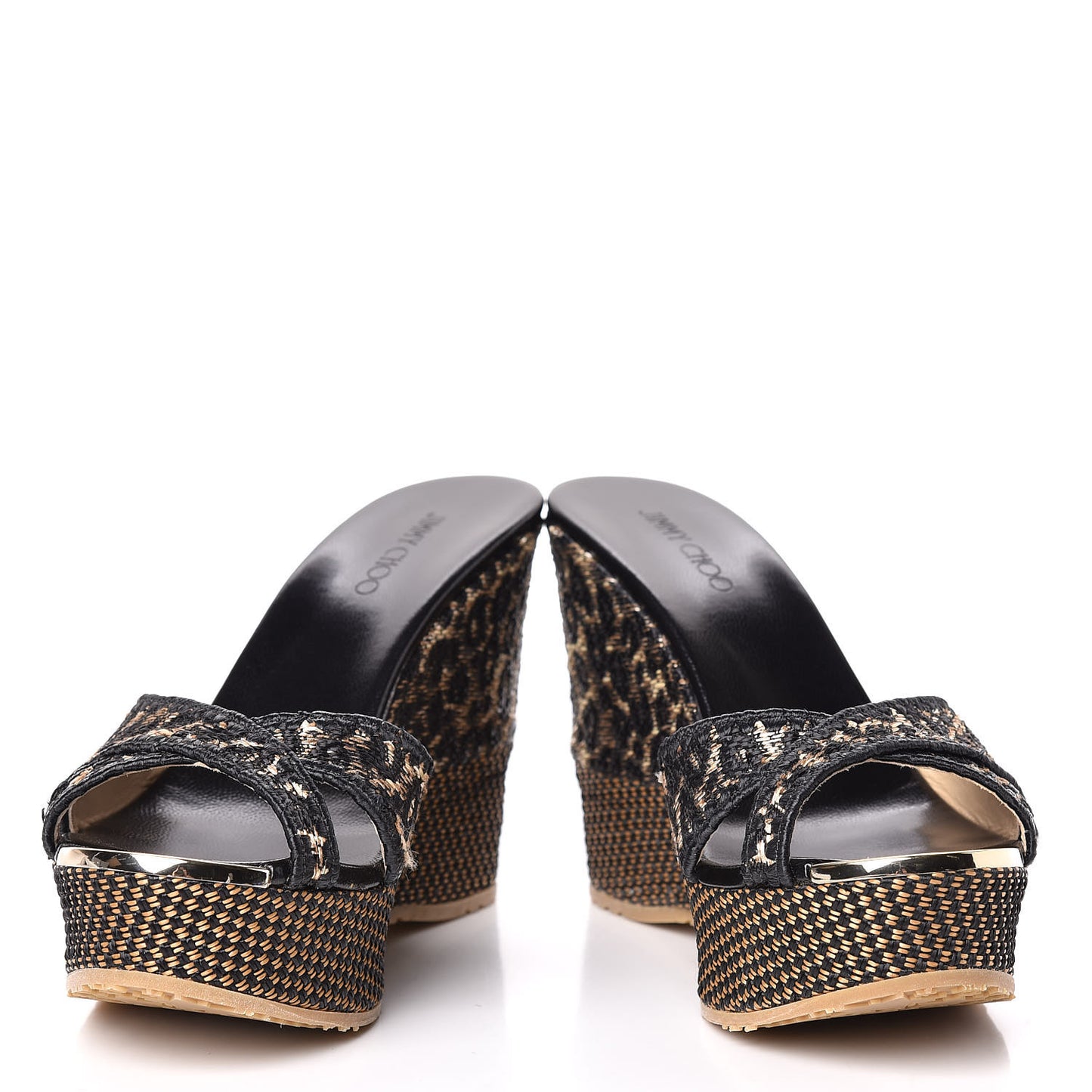 Woven Raffia Leopard Print Perfume Wedge Sandals 37.5 Black