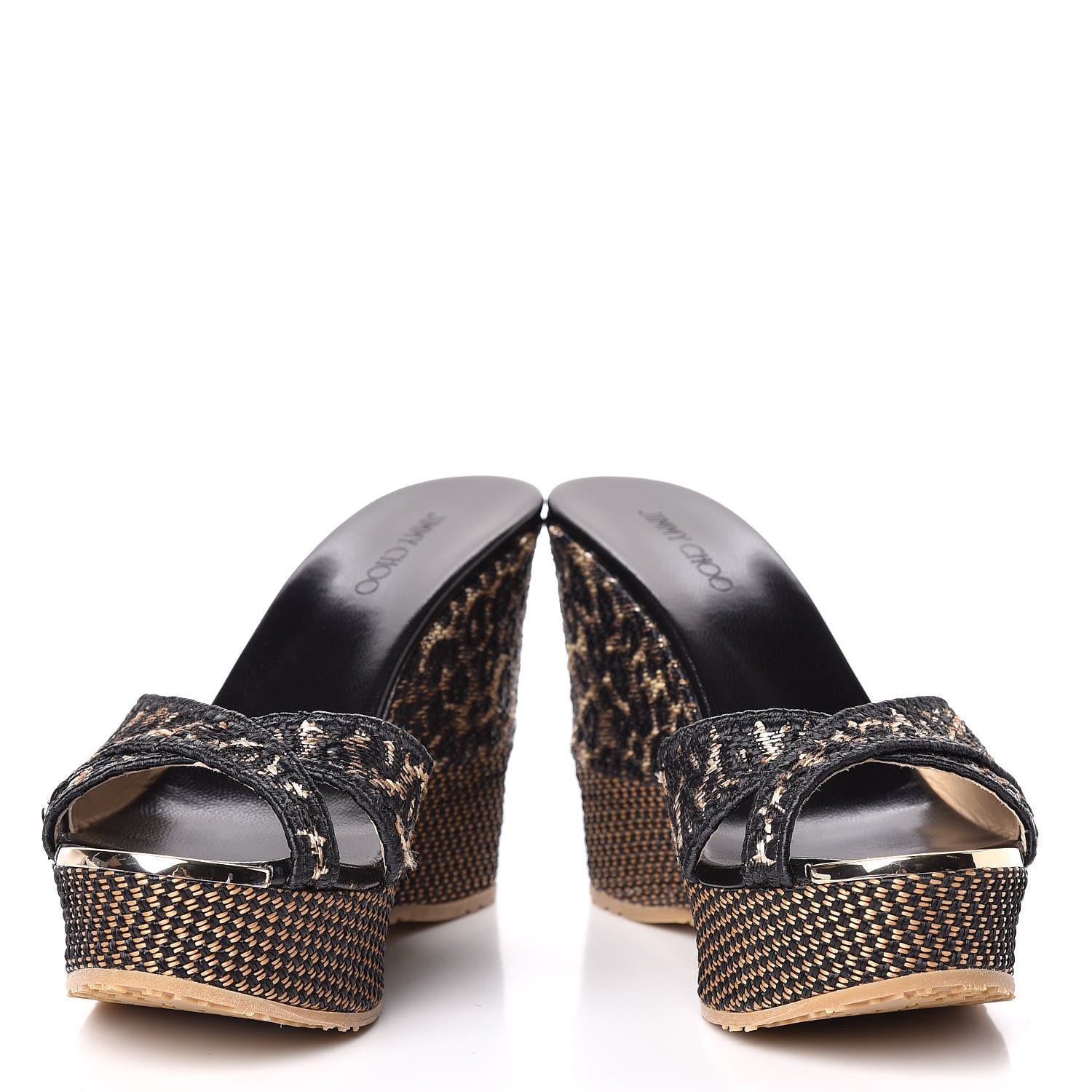 Jimmy Choo Woven Raffia Leopard Print Perfume Wedge Sandals 37.5 Black 5 of 10