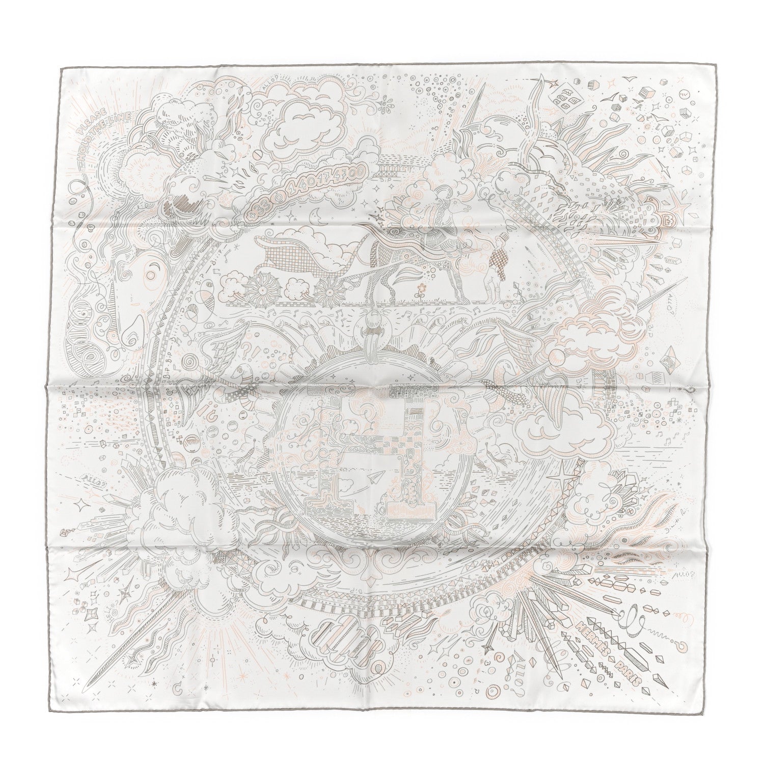 Hermes Silk Please Hold The Line Scarf 90 White Rose Nacre Vert de Gris 1 of 4