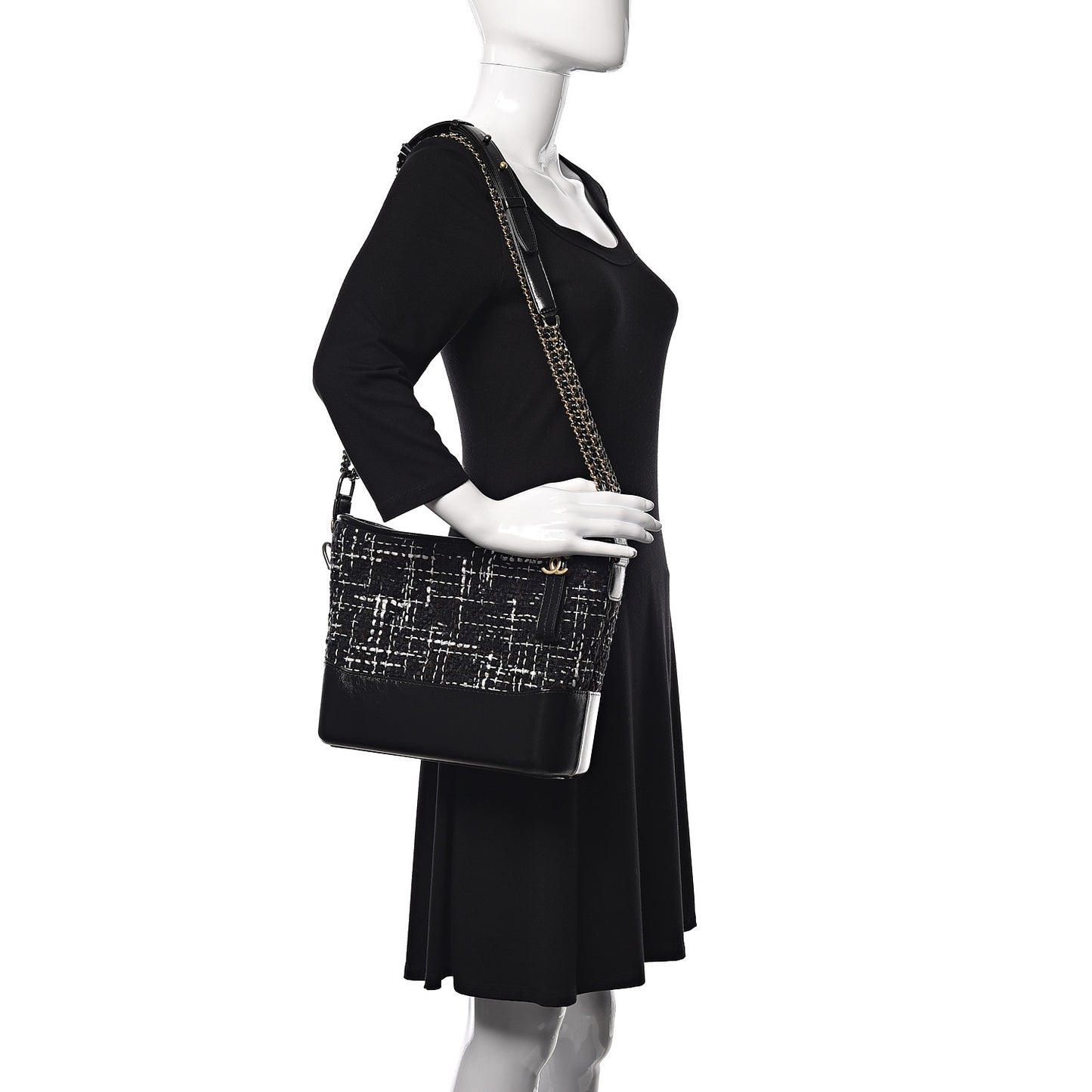 Tweed Calfskin Quilted Medium Gabrielle Hobo Black White