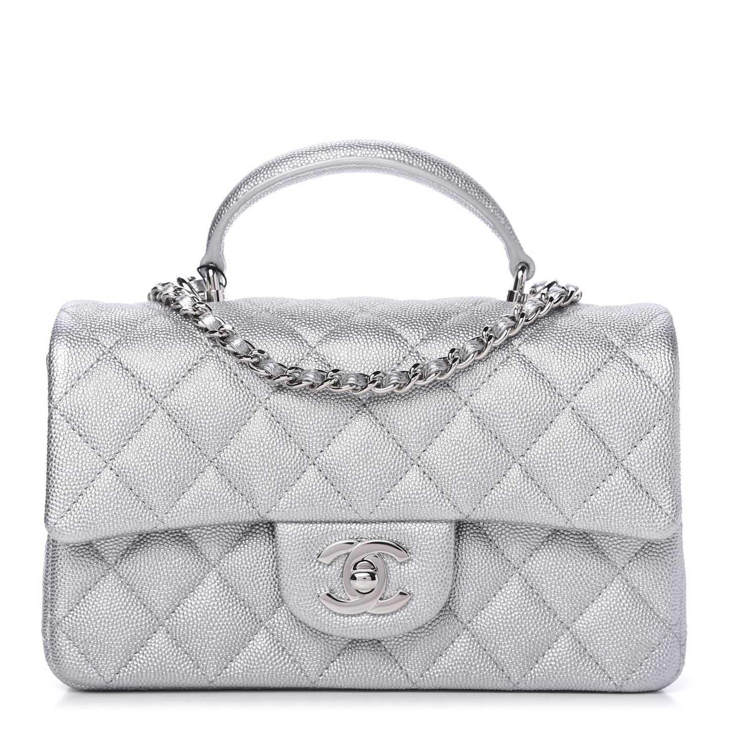 Metallic Caviar Quilted Mini Top Handle Rectangular Flap Silver