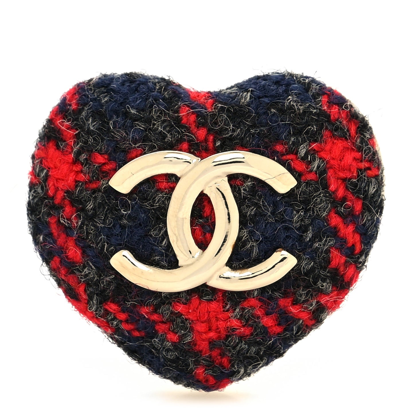 Tweed CC Heart Brooch Red Black Gold
