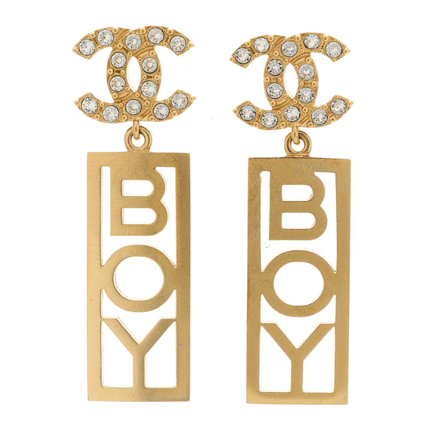 Metal Crystal CC Boy Drop Earrings Gold