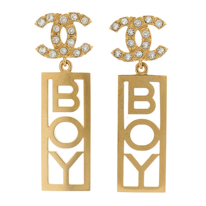 Chanel Metal Crystal CC Boy Drop Earrings Gold 1 of 5