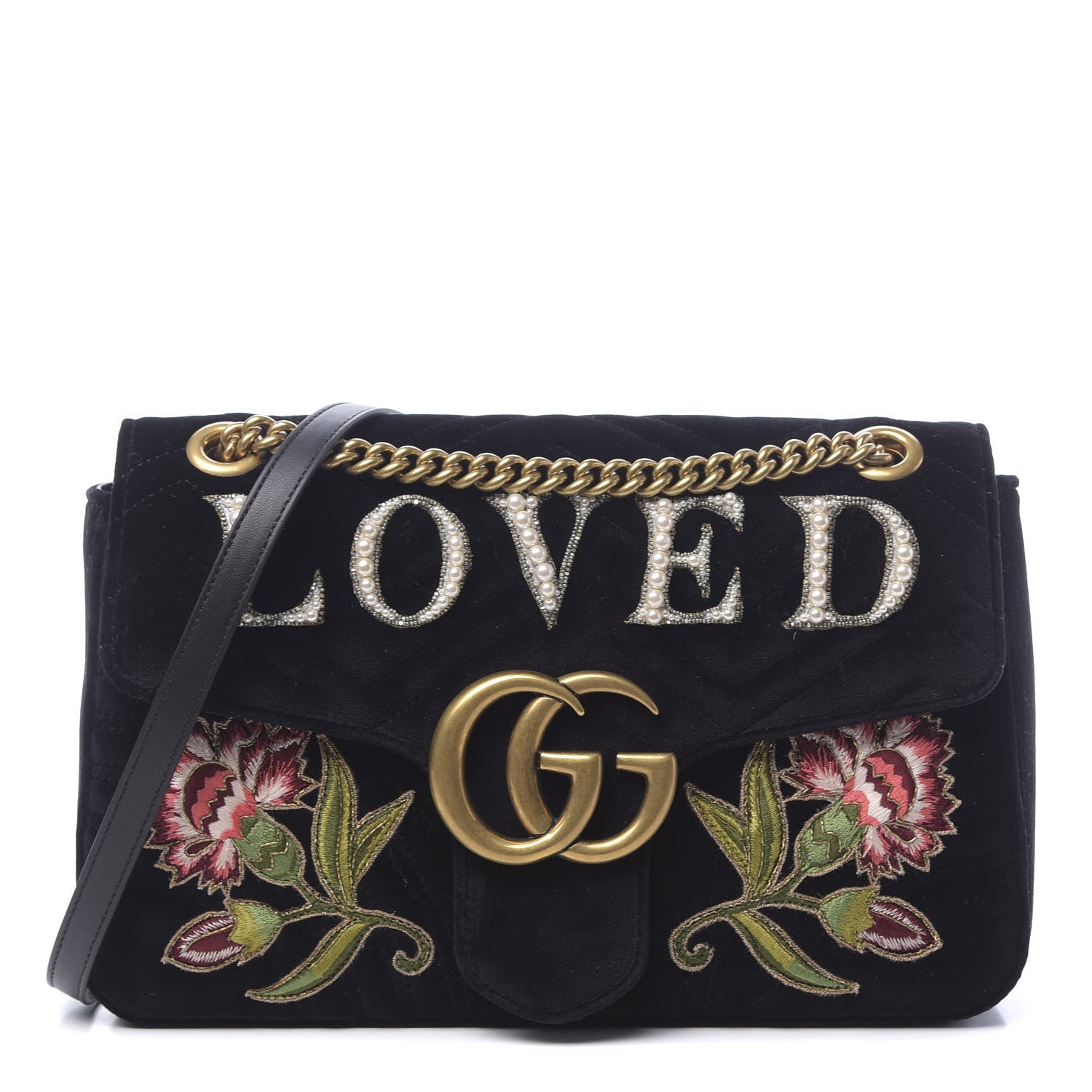 Gucci Velvet Matelasse Loved Embroidered Medium GG Marmont Shoulder Bag Black 1 of 11