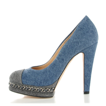 Chanel Denim Chain Around Cap Toe Platform Pumps 37.5 Blue Gris Fonce 1 of 9