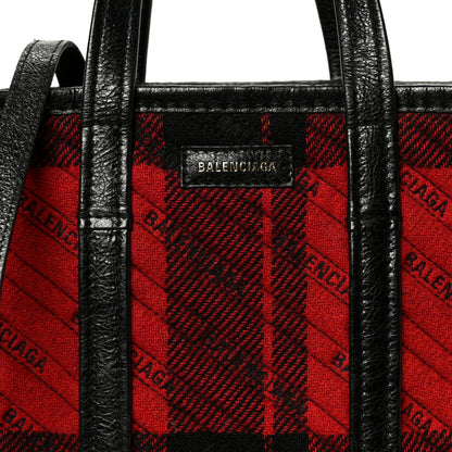 Balenciaga Wool Cuir Arena Plaid Diagonal Allover Logo Matelasse XS Bazar Shopper Tote Red Black 9 of 11